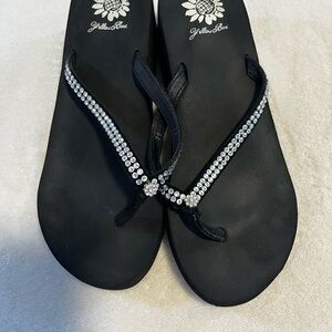 Yellow Box Black Sandals with Rhinestone Accents